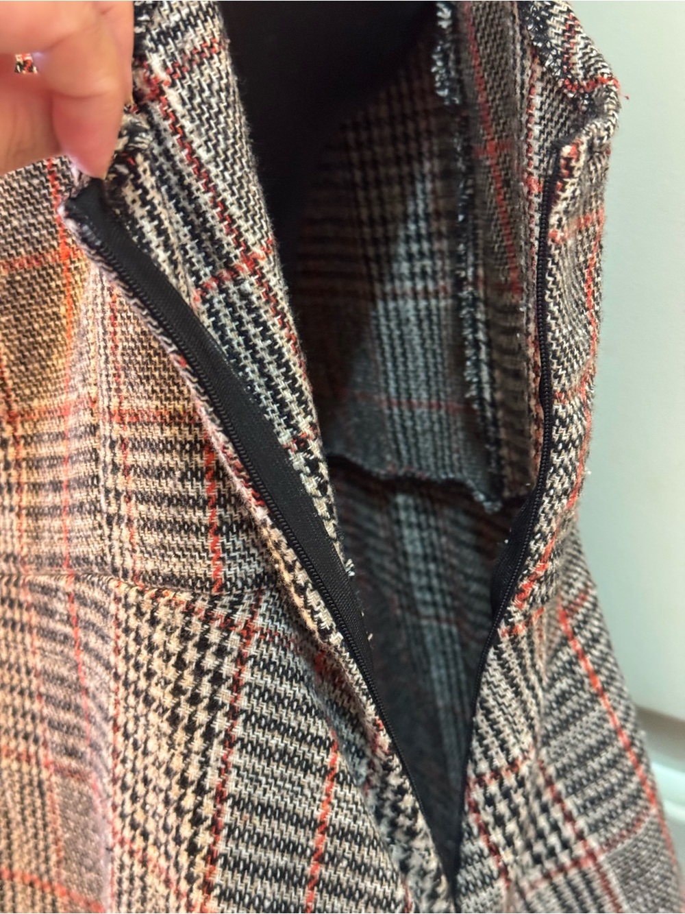 Glen Plaid V-Neck Sleeveless Pinafore Midi Dress Grey Orange M Fall Layering - Picture 10 of 11